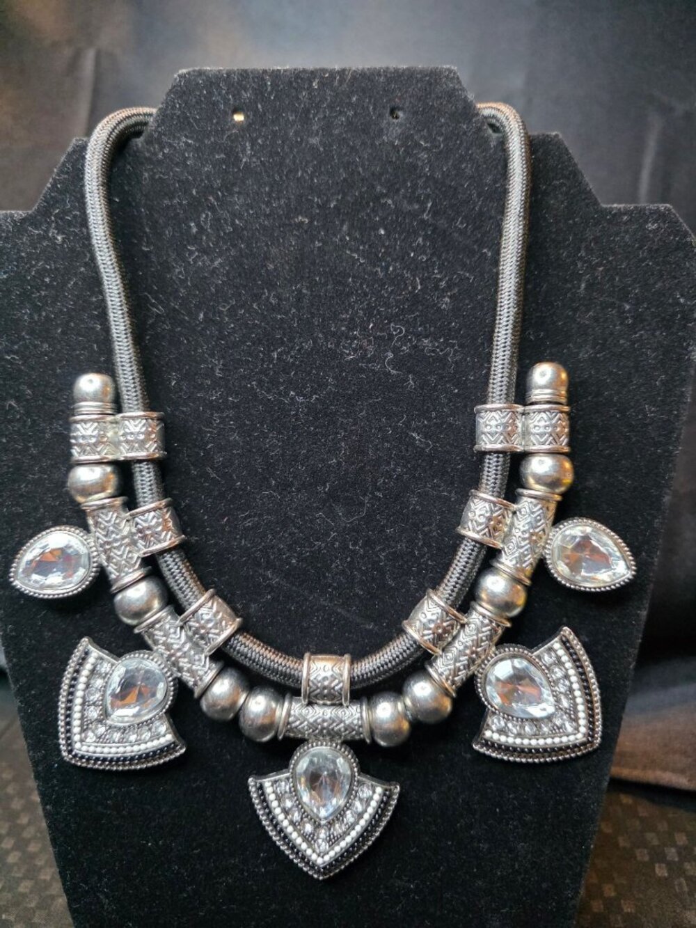 Silver-Tone Statement Necklace With Crystal Accents & Adjustable Chain Boho Trib